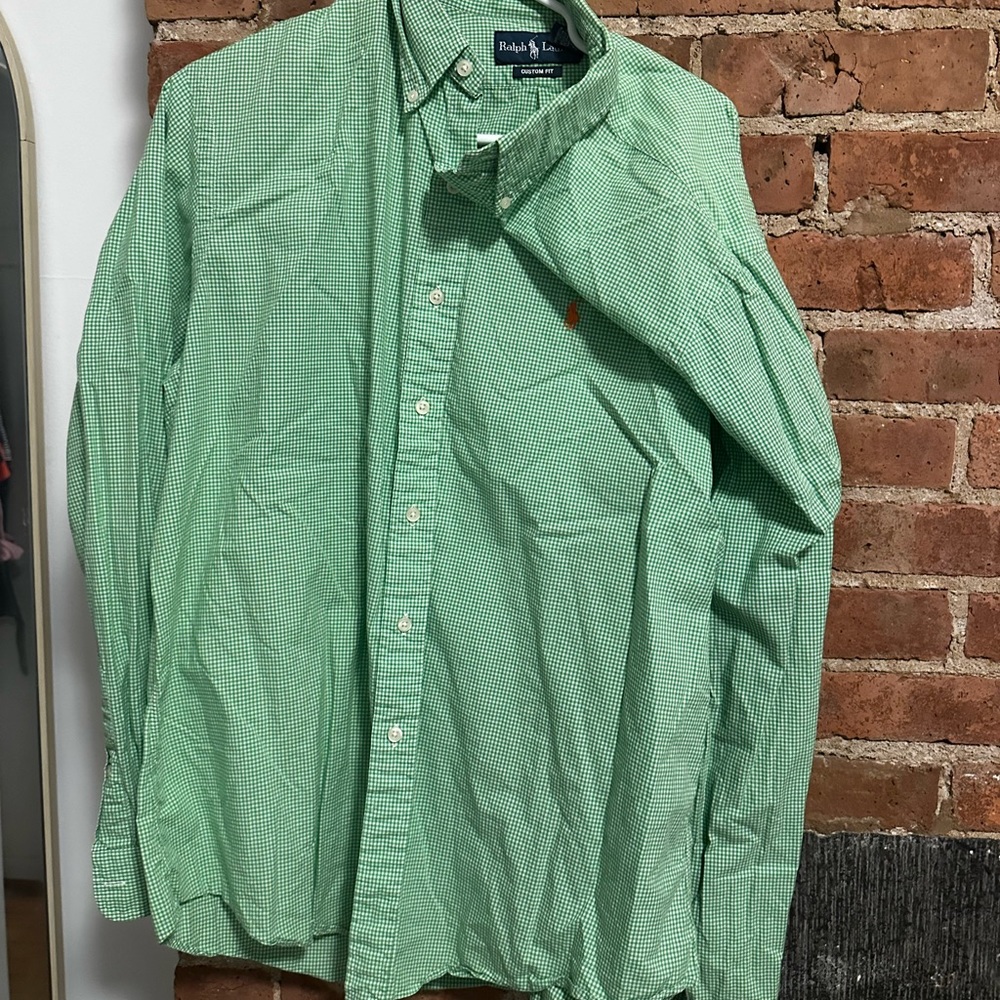 Ralph Lauren Green checkered Classic Dress Shirt Orange Pony